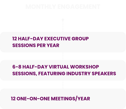 Monthly engagement in executive peer group sessions, including workshops, peer discussions, and leadership activities