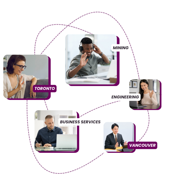Executives from various industries including mining, engineering, and business services meeting virtually across Toronto and Vancouver